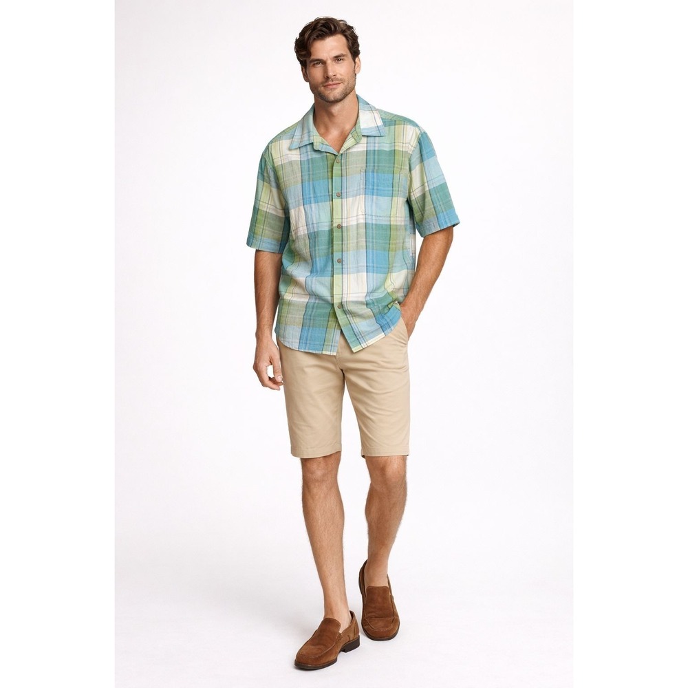 TOMMY BAHAMA Linen Silk Cotton Plaid Check Camp Shirt Blue Green Short Sleeve XL